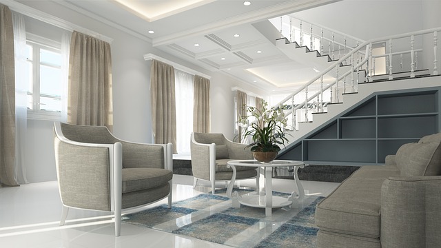 Modern living room with light color scheme of whites pale beiges and light blue